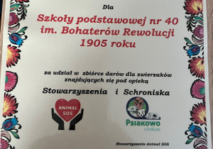 Dyplom dla szkoły za zbiórkę dla zwierząt ze schroniska