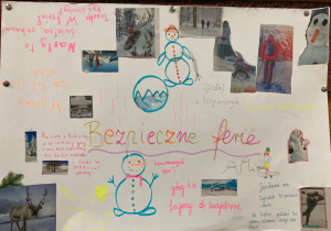Plakat narysowany przez uczniów przedstawiający bezpieczne zabawy zimowe