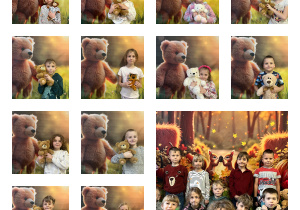 Kolaż klasy 1 wykonany ze zdjęć na tle pluszowego misia. Uczniowie pozują ze swoimi misiami. Wszyscy uśmiechnięci przytulają swoich pluszowych przyjaciół. W środku zdjęcie klasowe na tle wiwiórek.