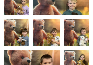 Kolaż klasy 1 wykonany ze zdjęć na tle pluszowego misia. Uczniowie pozują ze swoimi misiami. Wszyscy uśmiechnięci przytulają swoich pluszowych przyjaciół.