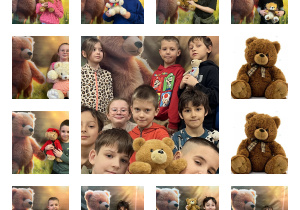 Kolaż klasy 2 wykonany ze zdjęć na tle pluszowego misia. Uczniowie pozują ze swoimi misiami. Wszyscy uśmiechnięci przytulają swoich pluszowych przyjaciół. W środku zdjęcie klasowe na tle pluszowego misia.