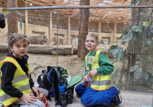 ZOO, dwóch uczestników półkolonii, którzy siedzą przed wybiegiem dla słoni. Zwróceni do aparatu uśmiechają się.