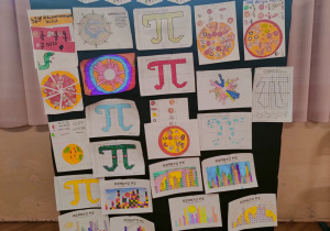 Szkolna wystawa prac uczniów prezentuje różnorodne projekty wykonane z okazji Dnia Liczby Pi, w tym kolorowe rysunki „Miasta Pi na niebie”, artystyczne symbole π oraz kreatywne grafiki matematycznej pizzy.