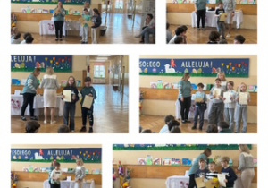 Kolaż ze zdjęć. Na sześciu zdjęciach wyróżnieni uczniowie wraz z organizatorami konkursu szkolnego na ozdobę wielkanocną oraz palmę wielkanocną. Na zdjęciach uczniowie klas 1-3 z dyplomami i nagrodami.