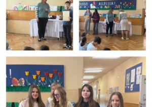 Kolaż ze zdjęć. Na trzech zdjęciach wyróżnieni uczniowie wraz z organizatorami konkursu szkolnego na ozdobę wielkanocną oraz palmę wielkanocną. Na zdjęciach uczniowie klas 4-8 z dyplomami i nagrodami.