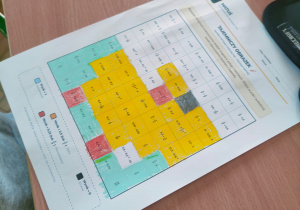 Matematyczna karta pracy uczniów klasy IV, po obliczeniu należało kolorami nanieść w odpowiednie kratki, z których miał powstać wielkanocny kurczaczek.